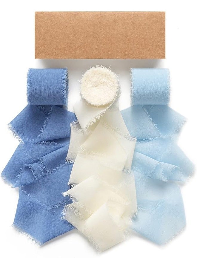 ٣ لفات من شريط الشيفون الحريري الأزرق المصنوع يدويًا، مقاس ١.٥ بوصة × ٢١ ياردة، حواف منسلة، لون أبيض وأزرق ترابي، مثالي لتغليف الهدايا، وباقات الزفاف، وحفلات استقبال المولود، ودعوات الزفاف (٤ سم × ٥ م). - Image 1